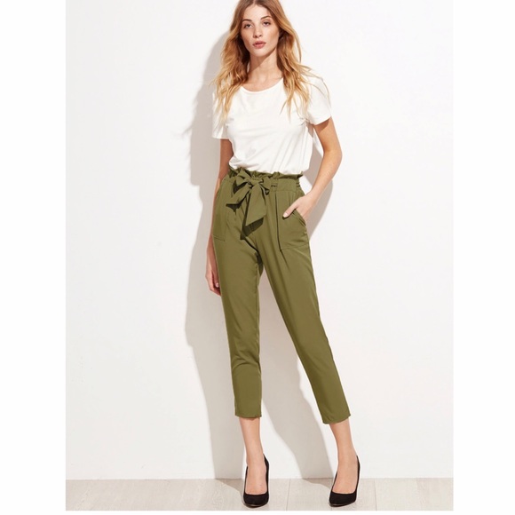 Pants - Ruffle Waist Self Belt Tailored Pants